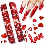 Heart Nail Art Stickers Decals Valentine Nail Glitter Red Flakes Charms Love Nail Supplies Sparkle Heart Nail Decals Shiny Valentine Wedding New Year Festival Design for Acrylic Nails Decorations