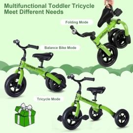 XPIY Tricycle for Toddlers Age 2-5 Years Old, 3 in 1 Folding Toddler Bike for Boys and Girls, Kids\' Bike Trike with Detachable Pedal and Adjustable Seat (Green)