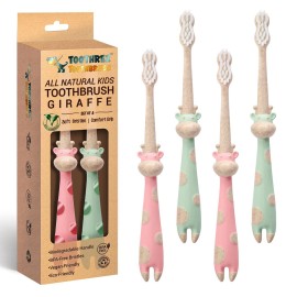 ROARex All-Natural Eco Friendly Kids Toothbrush Made from Plants - Giraffe 4-36m - Baby to Toddler - Rose/Mint - 4pk | 1% for The Planet Product