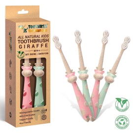 ROARex All-Natural Eco Friendly Kids Toothbrush Made from Plants - Giraffe 4-36m - Baby to Toddler - Rose/Mint - 4pk | 1% for The Planet Product