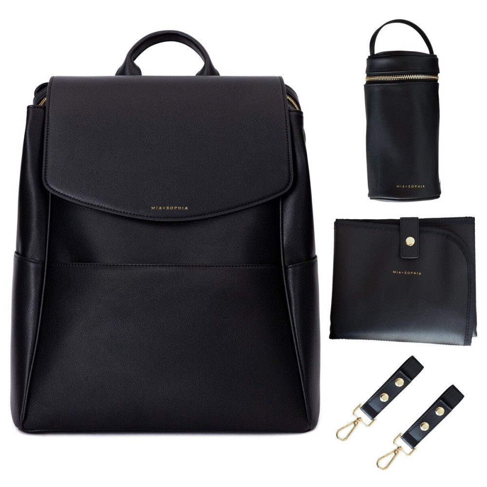 MIA + SOPHIA Leather Diaper Bag Backpack with USB Charging port, Changing Pad, Stroller Straps, and Bottle Holder (Black Olivia)