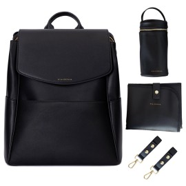 MIA + SOPHIA Leather Diaper Bag Backpack with USB Charging port, Changing Pad, Stroller Straps, and Bottle Holder (Black Olivia)