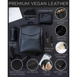MIA + SOPHIA Leather Diaper Bag Backpack with USB Charging port, Changing Pad, Stroller Straps, and Bottle Holder (Black Olivia)
