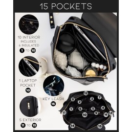 MIA + SOPHIA Leather Diaper Bag Backpack with USB Charging port, Changing Pad, Stroller Straps, and Bottle Holder (Black Olivia)