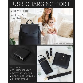MIA + SOPHIA Leather Diaper Bag Backpack with USB Charging port, Changing Pad, Stroller Straps, and Bottle Holder (Black Olivia)