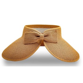 Women\'s Straw Summer Visor, Wide Brim UPF 50+ UV Protection Open-Top Hat, Adjustable Messy Bun Ponytail Cap, Foldable Beach Travel Hat, Khaki