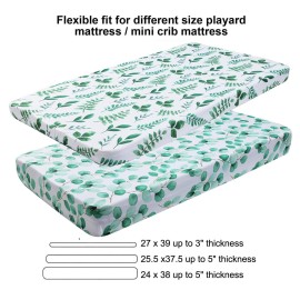 Pack n Play Sheets 2 Pack for Baby Unisex, Stretchy Jersey Knitted Portable Mini Crib Sheets Playard Mattress Cover for Baby Boys and Girls, Watercolor Green Botanical Leaf