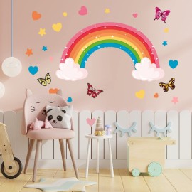 Glow in The Dark Large Rainbow Wall Decals Removable Star Butterfly Heart Sticker Glowing Rainbow Wallpaper Watercolor Vinyl Sticker for Nursery Teen Bedroom Decoration