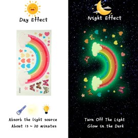 Glow in The Dark Large Rainbow Wall Decals Removable Star Butterfly Heart Sticker Glowing Rainbow Wallpaper Watercolor Vinyl Sticker for Nursery Teen Bedroom Decoration
