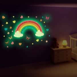 Glow in The Dark Large Rainbow Wall Decals Removable Star Butterfly Heart Sticker Glowing Rainbow Wallpaper Watercolor Vinyl Sticker for Nursery Teen Bedroom Decoration