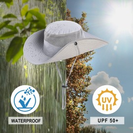 Koreshion Mens Womens Sun Hat Wide Brim Breathable Mesh UPF 50+ Bucket Hat Waterproof Fishing Hat Quick-Drying Safari Hat Foldable Boonie Cap Outdoor Sun Protection Cap Light Gray