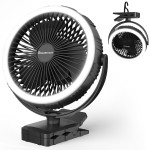 GRANDFAST Rechargeable Camping Fan, Battery Operated with Timer, Powerful Airflow Portable Fan, Strong Clip with Light & Hook for Camping Outdoor Travel BBQ Hurricane Power Outage