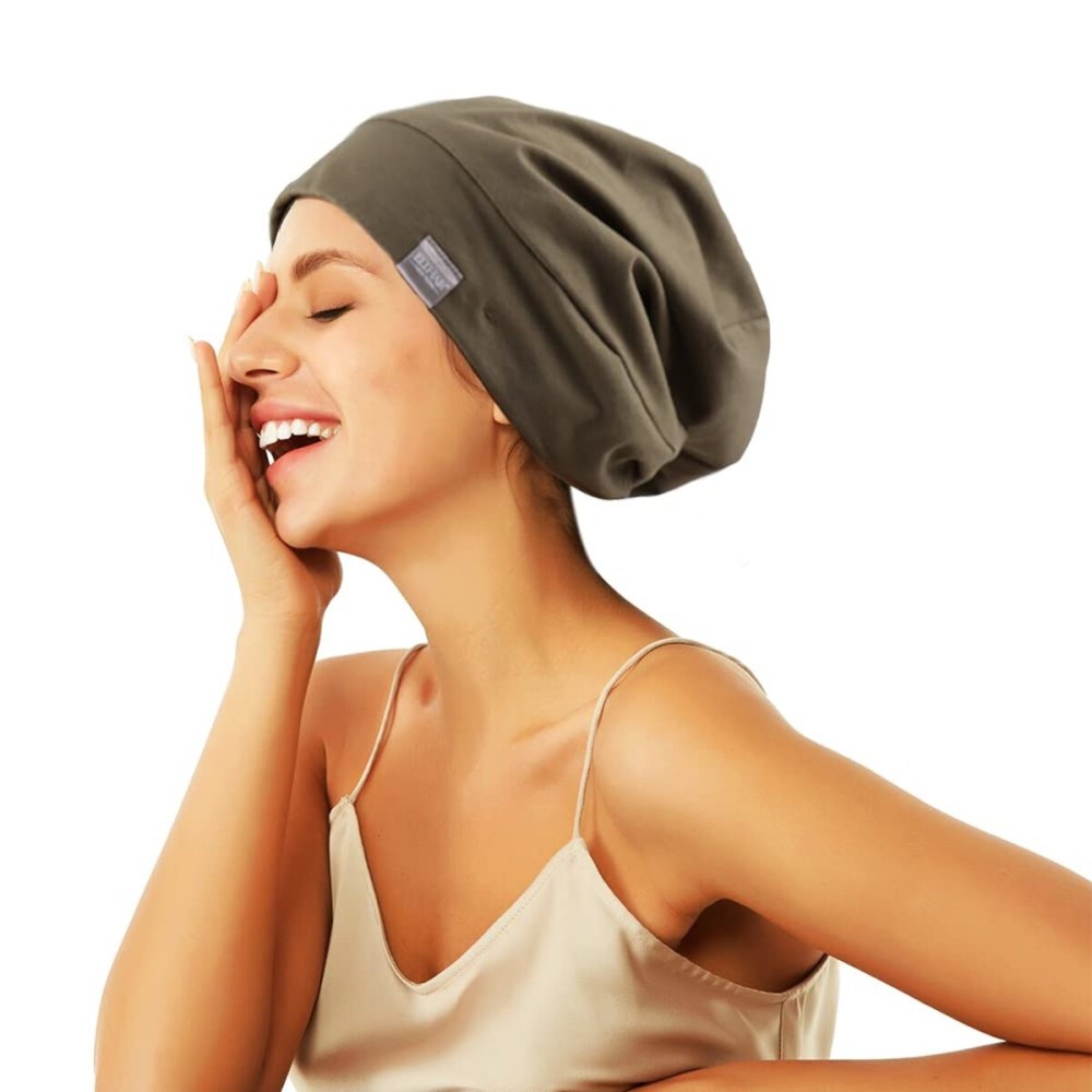 ELIHAIR Beanie Sleep Hats Bonnet for Night Sleeping Cap Silky Lined Satin Bonnet with Adjustable Elastic Band for Women Girls Curly Frizzy Hair Cover(Regular Brownish Green)