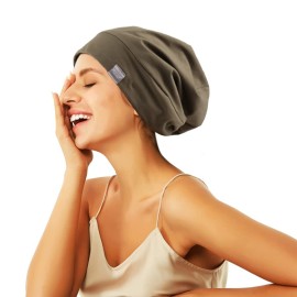 ELIHAIR Beanie Sleep Hats Bonnet for Night Sleeping Cap Silky Lined Satin Bonnet with Adjustable Elastic Band for Women Girls Curly Frizzy Hair Cover(Regular Brownish Green)
