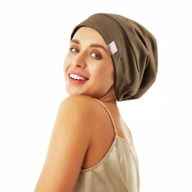 ELIHAIR Beanie Sleep Hats Bonnet for Night Sleeping Cap Silky Lined Satin Bonnet with Adjustable Elastic Band for Women Girls Curly Frizzy Hair Cover(Regular Brownish Green)