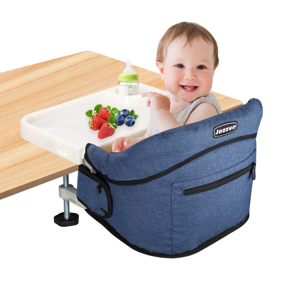 Hook On High Chair, Jozzve Clip on High Chair with Removable Dining Tray for Babies and Toddlers, Fold-Flat Storage Portable Baby Feeding Seat, Attach to Fast Table Chair for Home Travel (Navy)