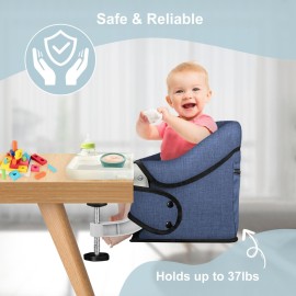 Hook On High Chair, Jozzve Clip on High Chair with Removable Dining Tray for Babies and Toddlers, Fold-Flat Storage Portable Baby Feeding Seat, Attach to Fast Table Chair for Home Travel (Navy)