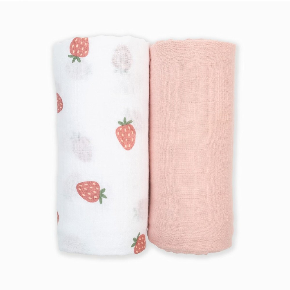 lulujo Baby Swaddle Blankets | Unisex Softest Breathable Cotton Muslin Swaddle Blanket Set | Neutral Receiving Blanket for Girls & Boys | 40in x 40in | Strawberries & Ballet Slipper | 2-Count