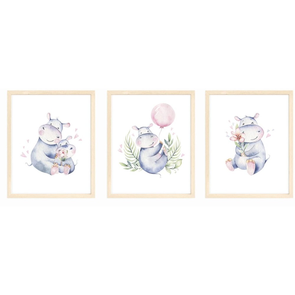 Nistio Hippo Nursery Wall Art, Hippopotamus Baby Room Poster, Cute Family Nursery Wall Art, Play Room Decoration, Nursery Room Decor, Hippo Family Print Set, Unframed, Set of 3 Prints, 8x10
