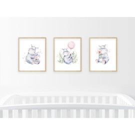 Nistio Hippo Nursery Wall Art, Hippopotamus Baby Room Poster, Cute Family Nursery Wall Art, Play Room Decoration, Nursery Room Decor, Hippo Family Print Set, Unframed, Set of 3 Prints, 8x10