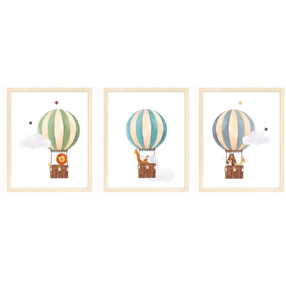 bumbleboo Nistio Hot Air Balloon Safari Animals Nursery Wall Prints, Play Room Decoration, Nursery Wall Art, Nursery Room Decor, Safari Animals Print Set, Unframed, Set of 3 Prints, 8x10