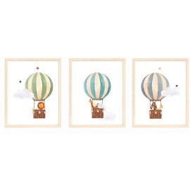 bumbleboo Nistio Hot Air Balloon Safari Animals Nursery Wall Prints, Play Room Decoration, Nursery Wall Art, Nursery Room Decor, Safari Animals Print Set, Unframed, Set of 3 Prints, 8x10