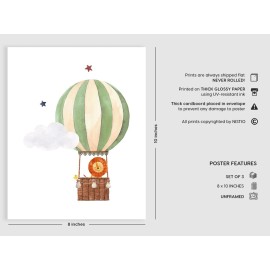bumbleboo Nistio Hot Air Balloon Safari Animals Nursery Wall Prints, Play Room Decoration, Nursery Wall Art, Nursery Room Decor, Safari Animals Print Set, Unframed, Set of 3 Prints, 8x10