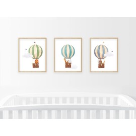 bumbleboo Nistio Hot Air Balloon Safari Animals Nursery Wall Prints, Play Room Decoration, Nursery Wall Art, Nursery Room Decor, Safari Animals Print Set, Unframed, Set of 3 Prints, 8x10