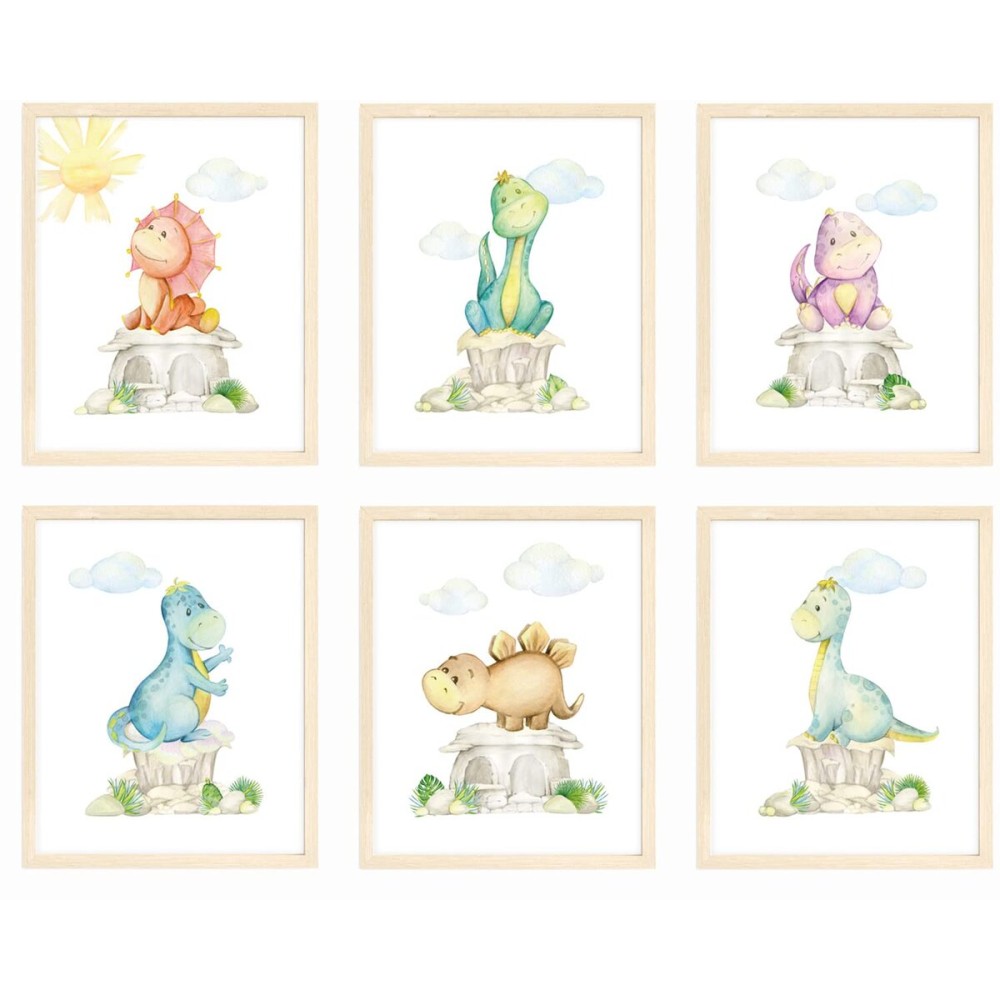 bumbleboo Dinosaur Nursery Wall Prints, Play Room Decoration For Boy, Nursery Wall Art, Nursery Room Decor, Dinosaur Room Decor For Boys, Unframed, Set of 6 Prints, 8x10