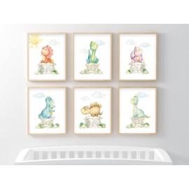 bumbleboo Dinosaur Nursery Wall Prints, Play Room Decoration For Boy, Nursery Wall Art, Nursery Room Decor, Dinosaur Room Decor For Boys, Unframed, Set of 6 Prints, 8x10