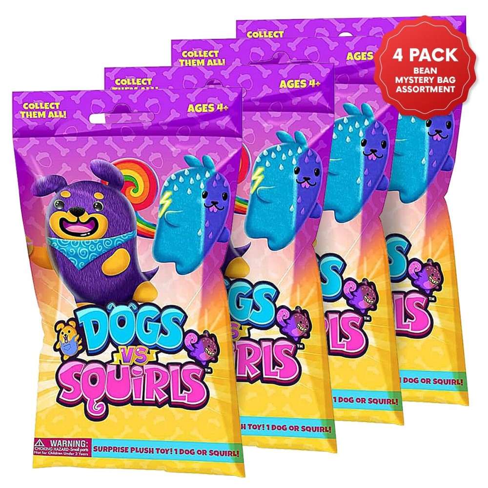 Dogs vs Squirls Mystery Bag 4pk | 4 Amazon Exclusive Super-Soft & Bean-Filled Plushies | Collect These as Stocking Stuffers | Great for Kids, Boys, & Girls