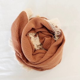 Muslin Cotton Baby Receiving Blanket with Fringe, Boho Bohemian Tassels, Nursery Decor, Boy or Girl Unisex Swaddle Wrap, Use as Throw or Nursing Fringed Blankets (Rust)