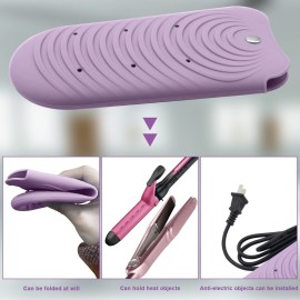 Heat Resistant Silicone Mat Pouch for Hair Styling Tools, Curling and Flat Irons Non-Slip Travel Cover, Small Portable Straightener Pad for Curler Wands Storage, Hot Waver (Purple)