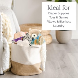 Natemia Rope Storage Basket- Nursery Bin and Toy Organizer (15x15x14), Laundry Basket, Basket for Towels, Pillows and Blankets, Perfect Baby Registry Gift