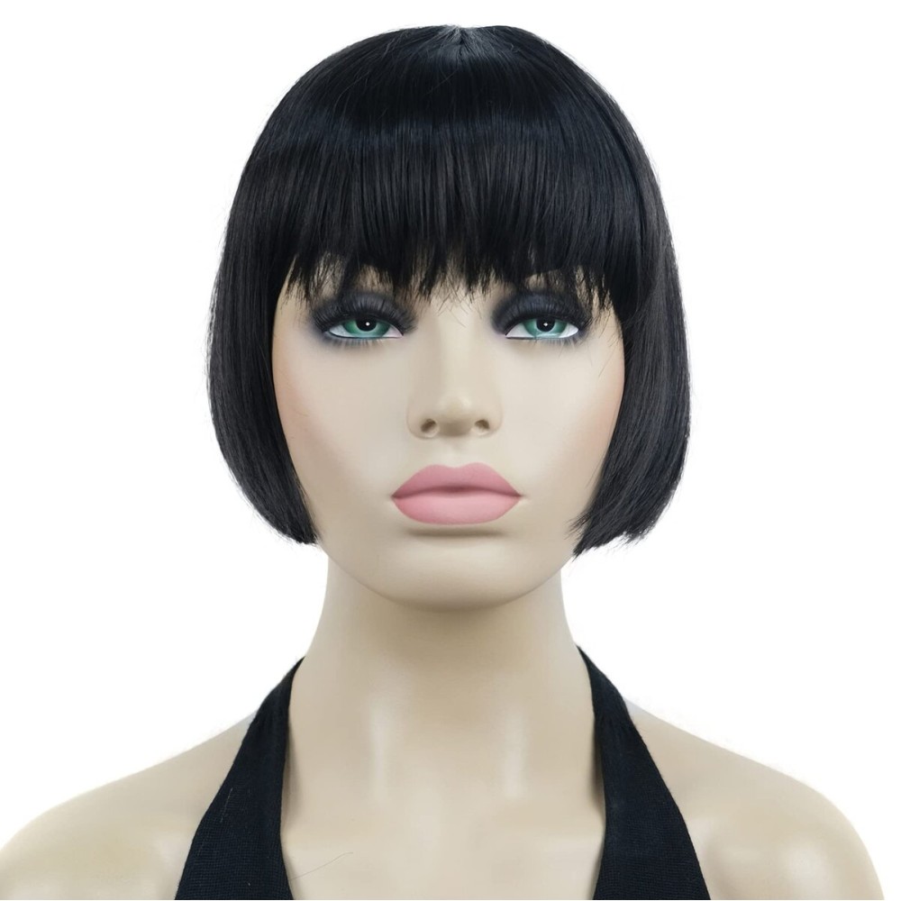 Lydell 6 Straight Short Bob Hair Flat Bangs Cute Central Dot Skin Top Heat Resistant Synthetic Wigs (Natural Black)