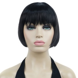 Lydell 6 Straight Short Bob Hair Flat Bangs Cute Central Dot Skin Top Heat Resistant Synthetic Wigs (Natural Black)