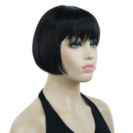 Lydell 6 Straight Short Bob Hair Flat Bangs Cute Central Dot Skin Top Heat Resistant Synthetic Wigs (Natural Black)