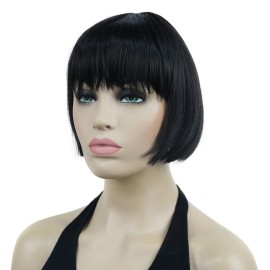 Lydell 6 Straight Short Bob Hair Flat Bangs Cute Central Dot Skin Top Heat Resistant Synthetic Wigs (Natural Black)
