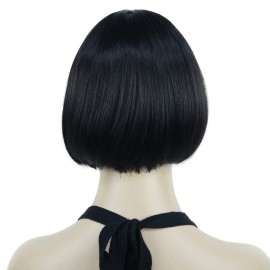 Lydell 6 Straight Short Bob Hair Flat Bangs Cute Central Dot Skin Top Heat Resistant Synthetic Wigs (Natural Black)