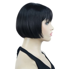 Lydell 6 Straight Short Bob Hair Flat Bangs Cute Central Dot Skin Top Heat Resistant Synthetic Wigs (Natural Black)