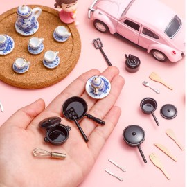 Zhanmai 47 Miniatures Dollhouse Kitchen Accessories Miniature Porcelain Tea Cup Set, Metal Pots and Pans Include 16 Mini Doll Plates Knife Fork Spoon, 6 Egg Beater Utensil, 10 Stovetop Cookware