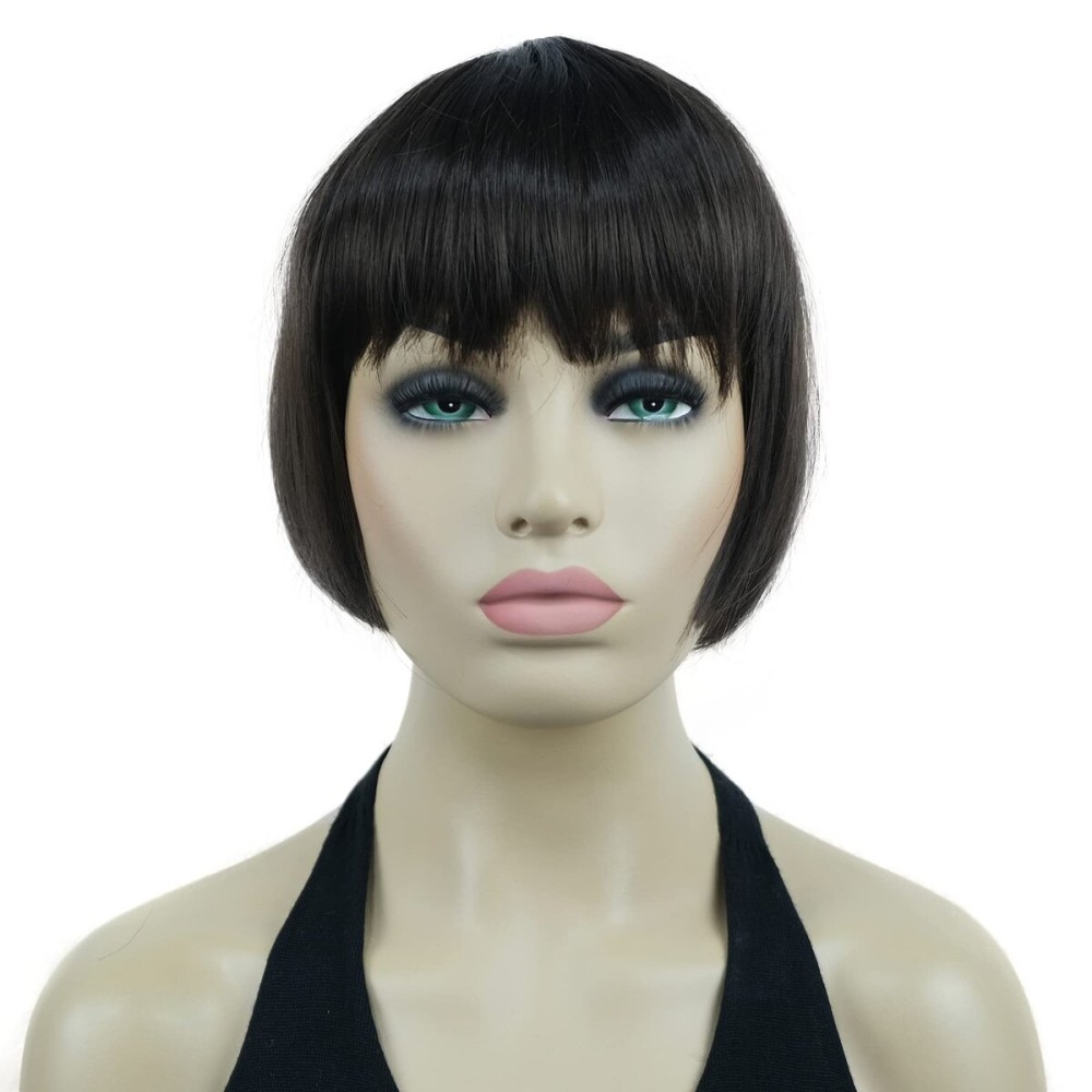 Lydell 6 Straight Short Bob Hair Flat Bangs Cute Central Dot Skin Top Heat Resistant Synthetic Wigs (Chestnut Brown)