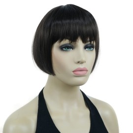 Lydell 6 Straight Short Bob Hair Flat Bangs Cute Central Dot Skin Top Heat Resistant Synthetic Wigs (Chestnut Brown)
