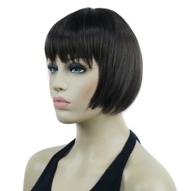 Lydell 6 Straight Short Bob Hair Flat Bangs Cute Central Dot Skin Top Heat Resistant Synthetic Wigs (Chestnut Brown)