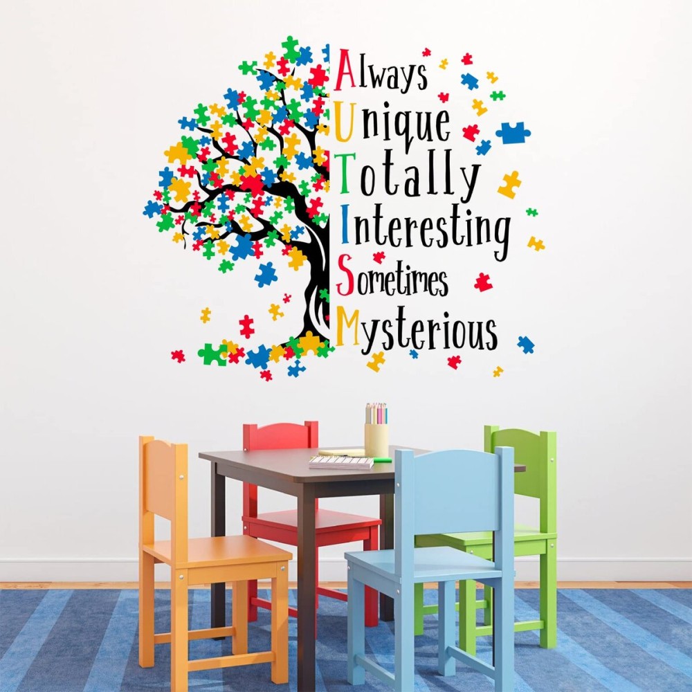 Mfault Autism Awareness Day Inspirational Sign Wall Decal Sticker, Positive Puzzle Piece Tree Colorful Nursery Classroom Decoration Baby Bedroom Art, Autistic Spectrum Motivational Kid Room Decor Gift