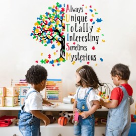 Mfault Autism Awareness Day Inspirational Sign Wall Decal Sticker, Positive Puzzle Piece Tree Colorful Nursery Classroom Decoration Baby Bedroom Art, Autistic Spectrum Motivational Kid Room Decor Gift