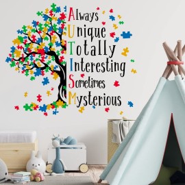 Mfault Autism Awareness Day Inspirational Sign Wall Decal Sticker, Positive Puzzle Piece Tree Colorful Nursery Classroom Decoration Baby Bedroom Art, Autistic Spectrum Motivational Kid Room Decor Gift