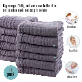 Cute Castle 12 Pack Muslin Burp Cloths for Baby - Ultra-Soft 100% Cotton Baby Washcloths - Large 20\'\' by 10\'\' Super Absorbent Milk Spit Up Rags - Burpy Cloths for Unisex, Boy, Girl - Grey