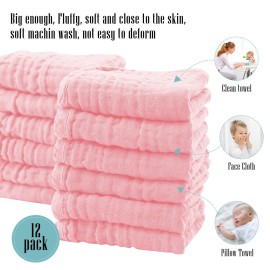 Cute Castle 12 Pack Muslin Burp Cloths for Baby - Ultra-Soft 100% Cotton Baby Washcloths - Large 20\'\' by 10\'\' Super Absorbent Milk Spit Up Rags - Burpy Cloths for Unisex, Boy, Girl - Pink