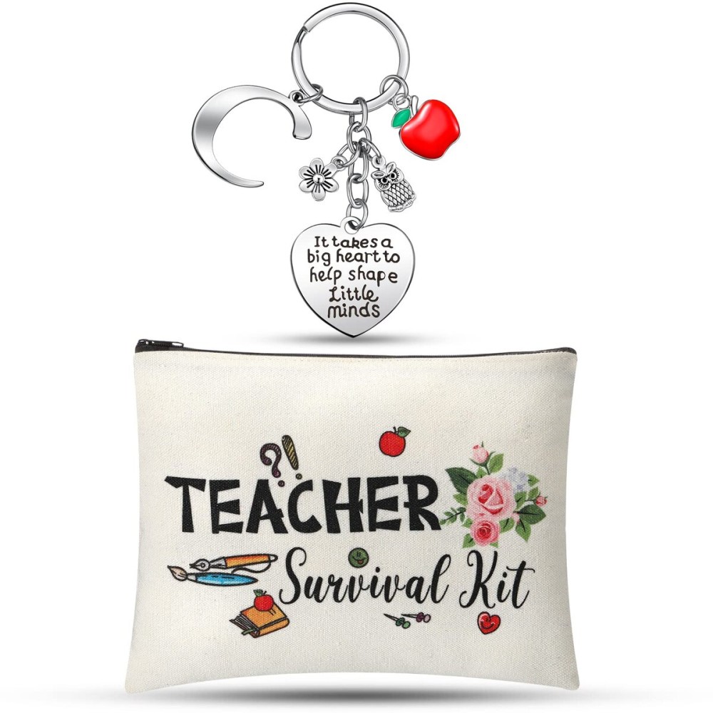 Hinly Teacher Appreciation Gifts Set Teacher Survival Kit Bag Keychain with Initial Makeup Pouch Cosmetic Bag for Christmas(C Style)